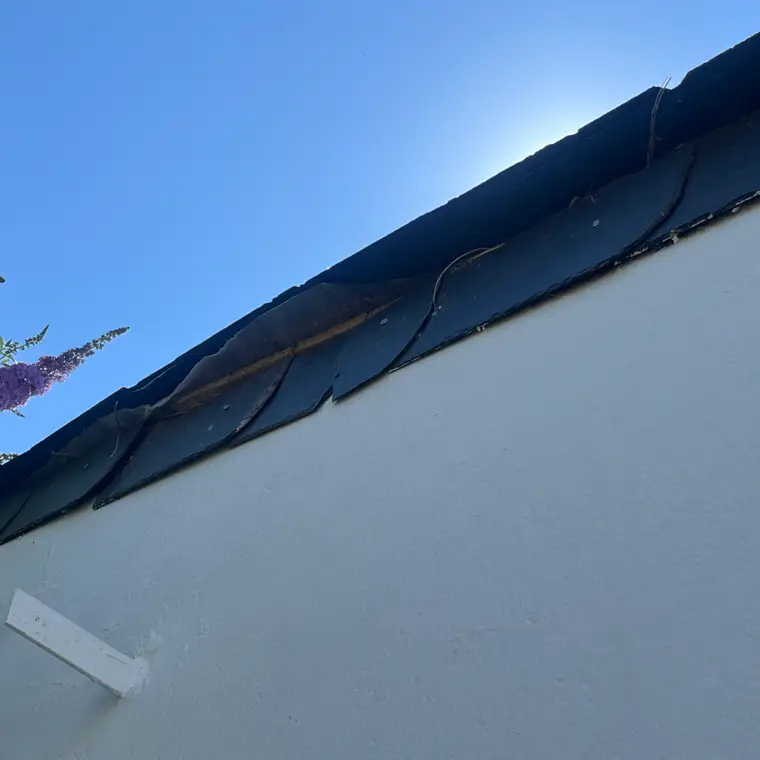 Rampant de toit en ardoise contre un mur clair